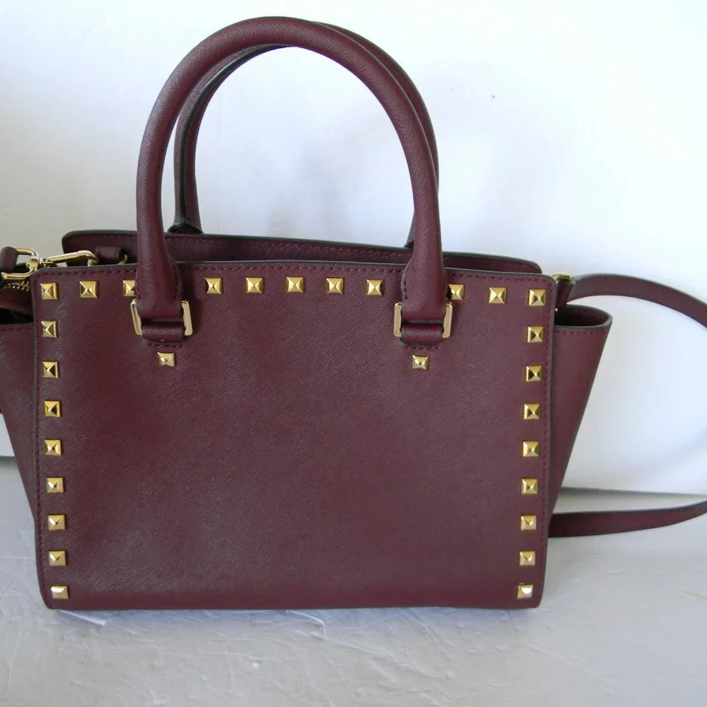 Michael Kors Selma Studded Saffiano Leather Crossbody SATCHEL BURGUNDY/WINE FALL - Picture 7 of 9